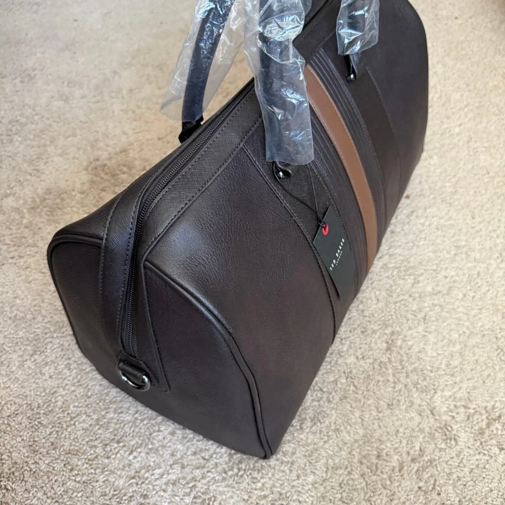 Ted Baker Striped PU Holdall weekender bag, Brown faux leather